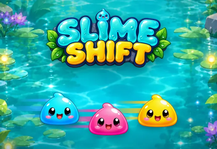 Le logo de Slime Shift et trois slimes qui glissent ensemble sur un lagon